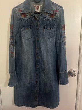 Stetson Denim Shirt Dress with Floral Embroidery - Blue